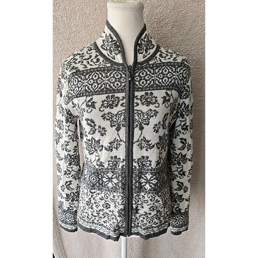 Gray/white Floral Alpaca Imports Long Sleeve Zip-up Cardigan‎ Sweater Women's S